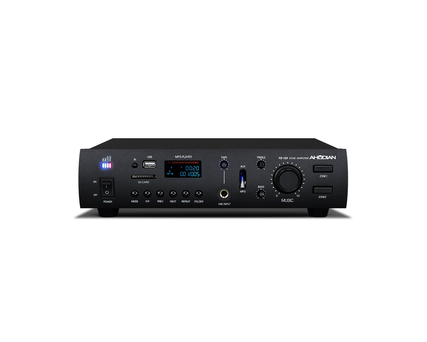YD-150 · Amplificador mezclador de 2 zonas, 150W RMS con reproductor USB/SD/FM y BT
