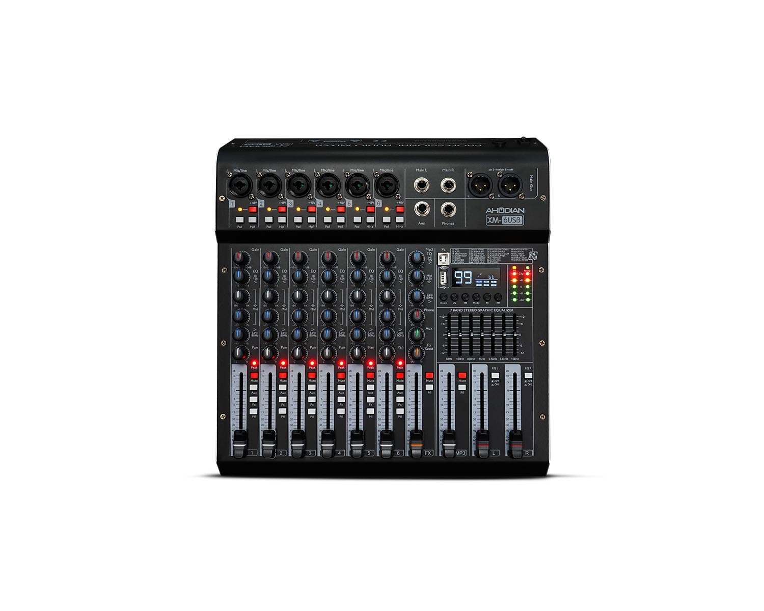 XM-6USB · Mezclador Stereo 6 canales, Reproductor, Efectos, Ecualizador, BT y conexión USB a PC.