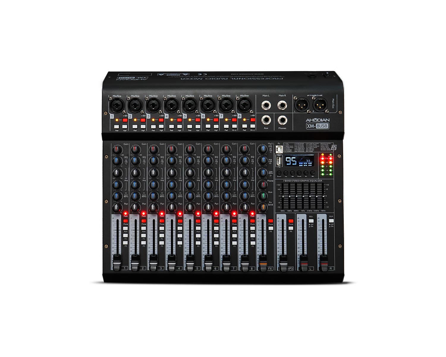 XM-8USB · Mezclador Stereo 8 canales, Reproductor, Efectos, Ecualizador, BT y conexión USB a PC.
