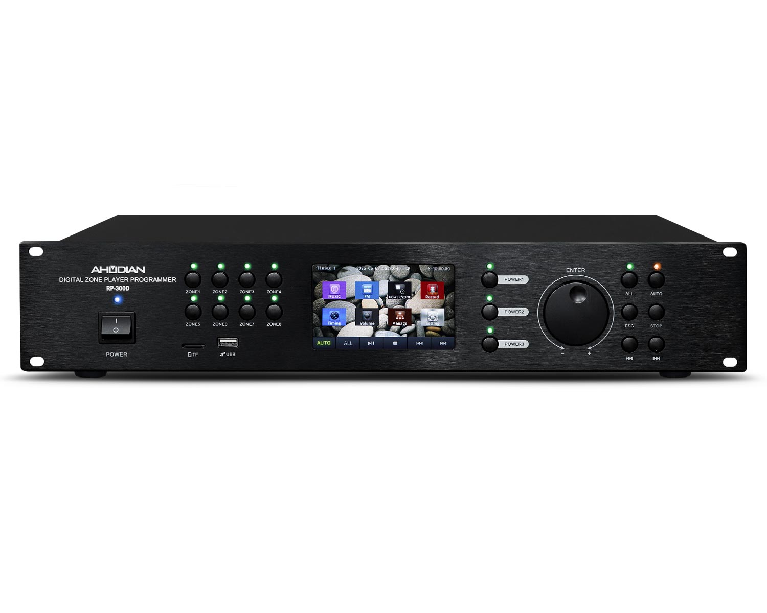 RP-300D · Reproductor y programador digital de mensajes semanales con pantalla táctil a color.