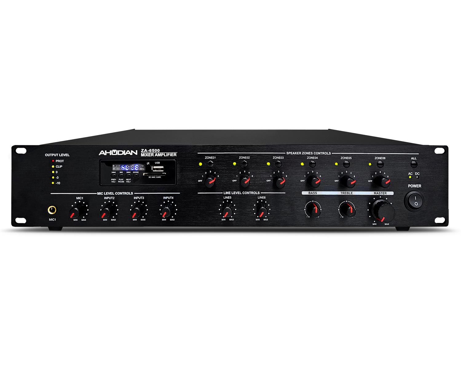 ZA-6500 · Amplificador mezclador 6 zonas con volumen 500W/RMS/100V Rep. MP3, FM, BT y SD