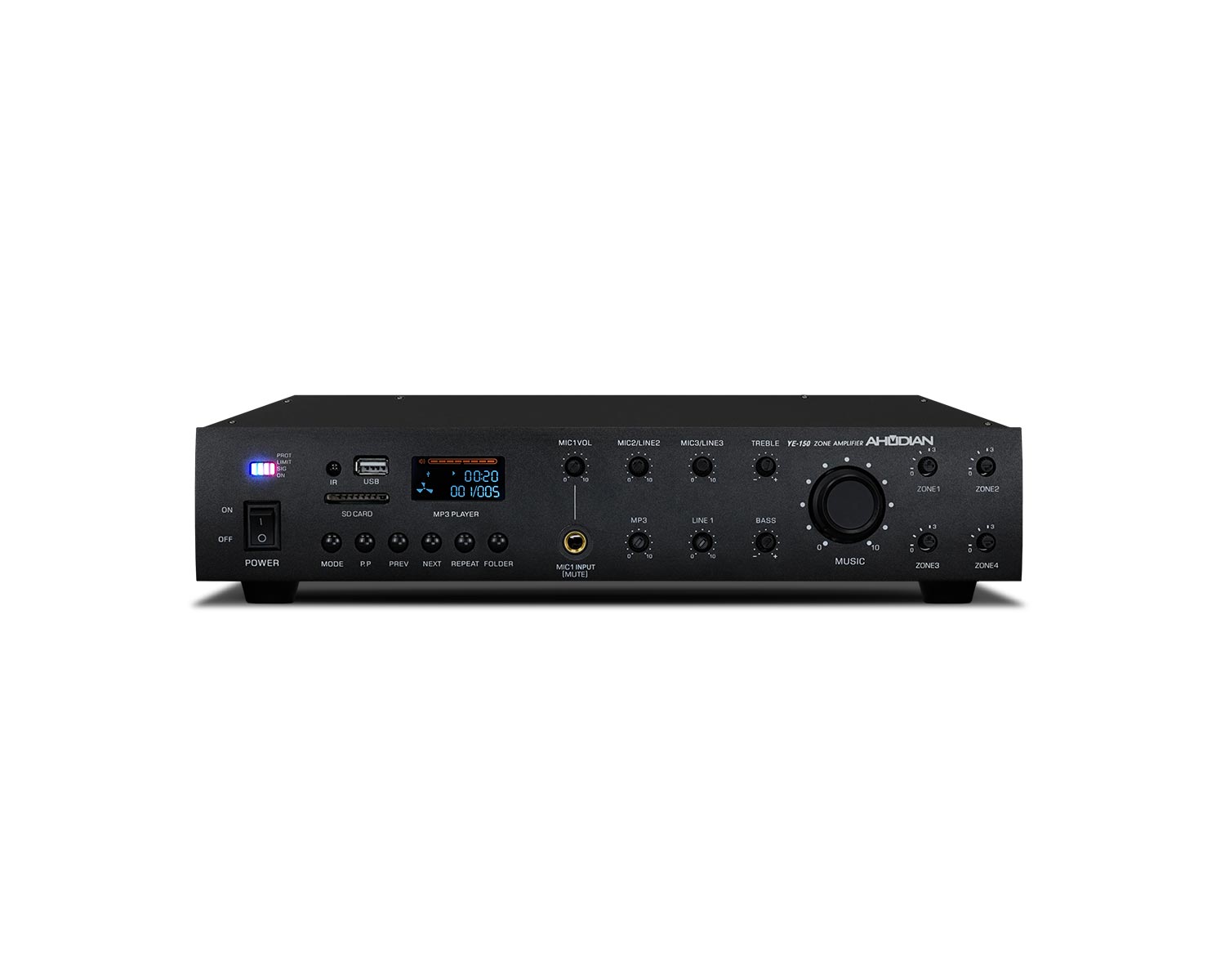 YE-150 · Amplificador mezclador de 4 zonas, 150Wrms. Reproductor USB/SD/FM y Bluetooth.