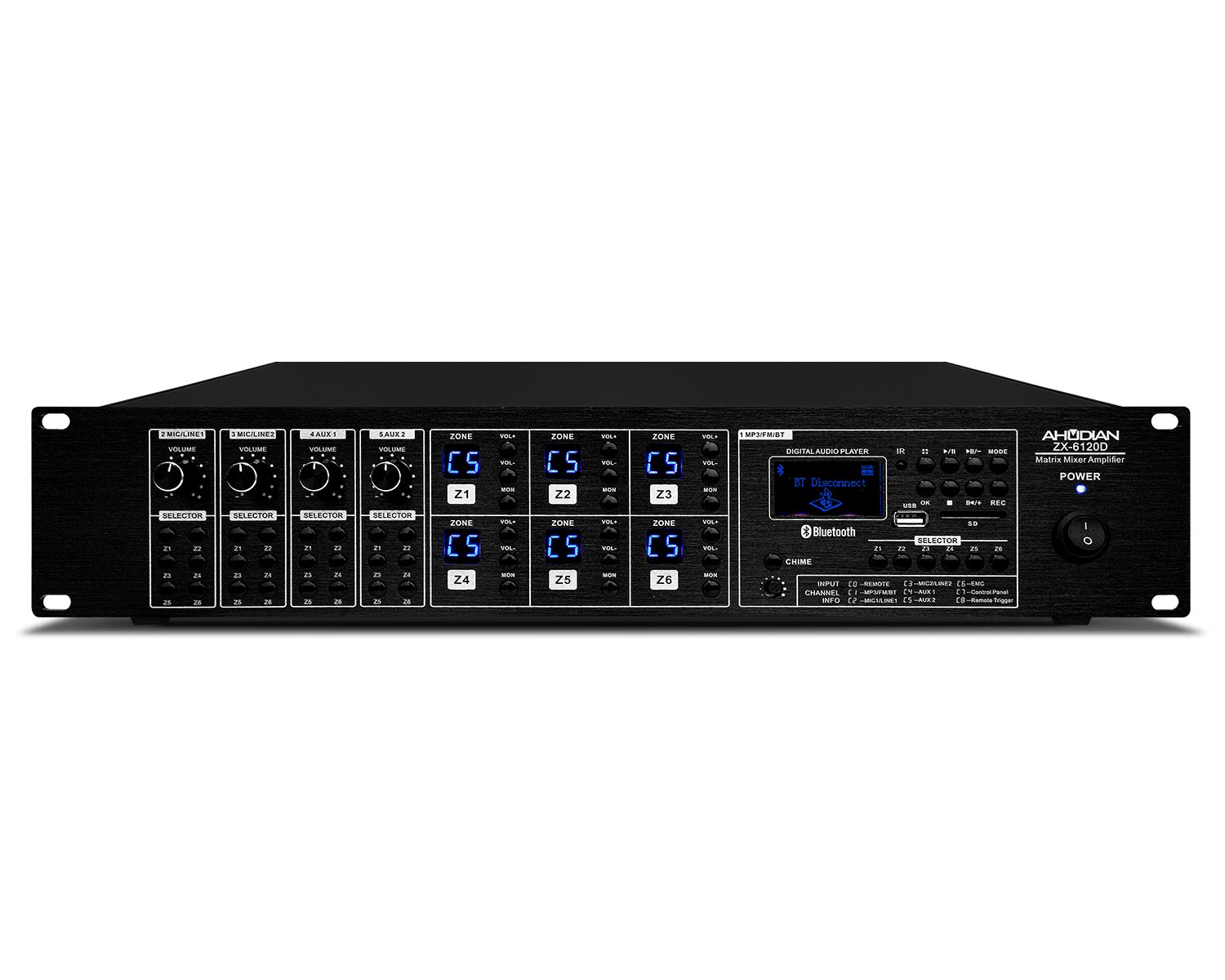 ZX-6120D · Matriz 9 CH con amplificador 6 zonas 720W/RMS/100V Rep. MP3, FM, BT y SD