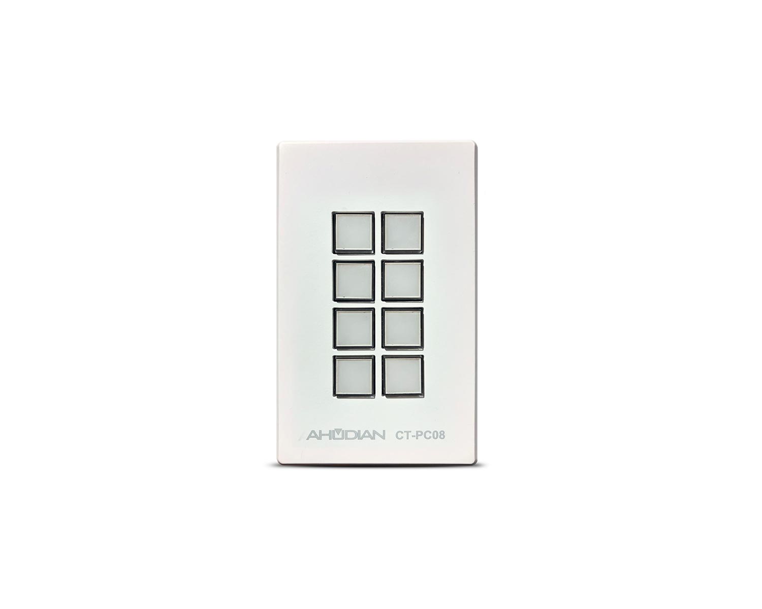 CT-PC08 · Panel de pared con 8 pulsadores personalizados para el control y la automatización AV.