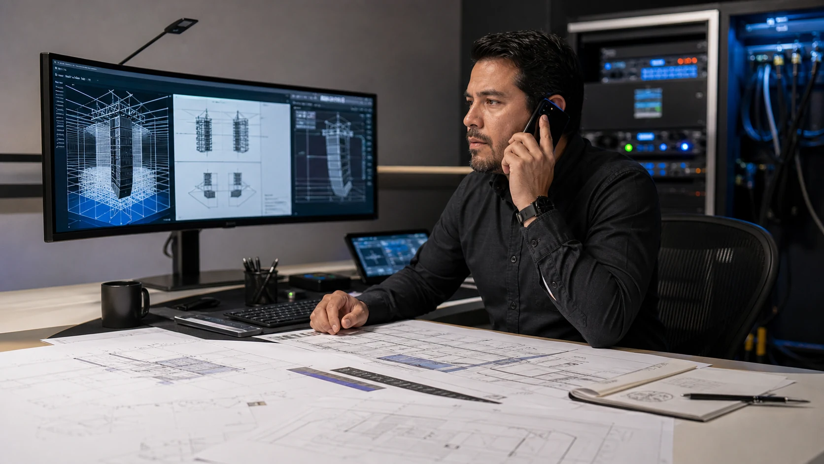 Ingeniero de sistemas de audio revisando planos y atendiendo a un cliente por teléfono
