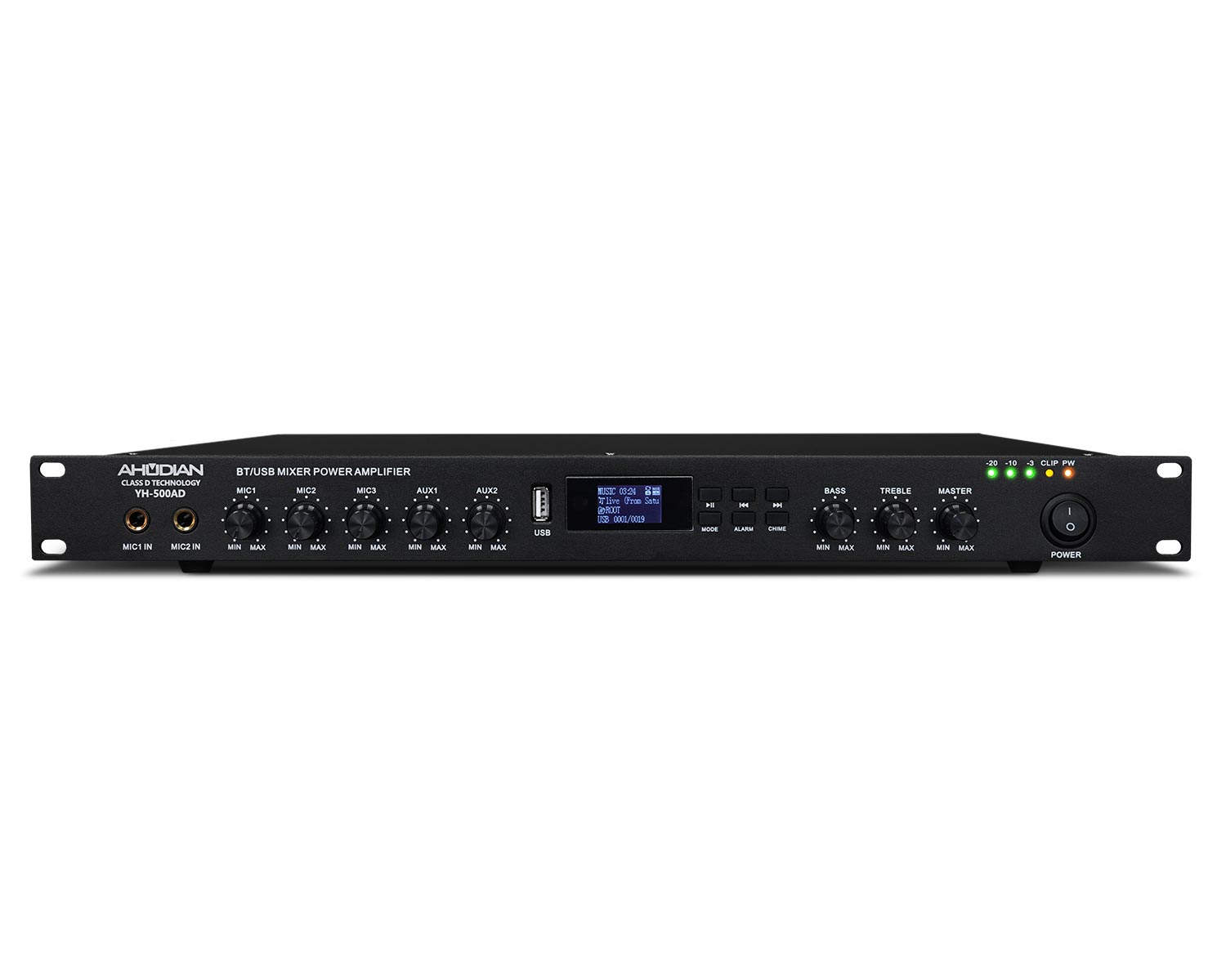 YH-500AD · Amplificador ClaseD 500W RMS Mezclador 5CH Reproductor Mp3-USB y BT - Linea 100V.