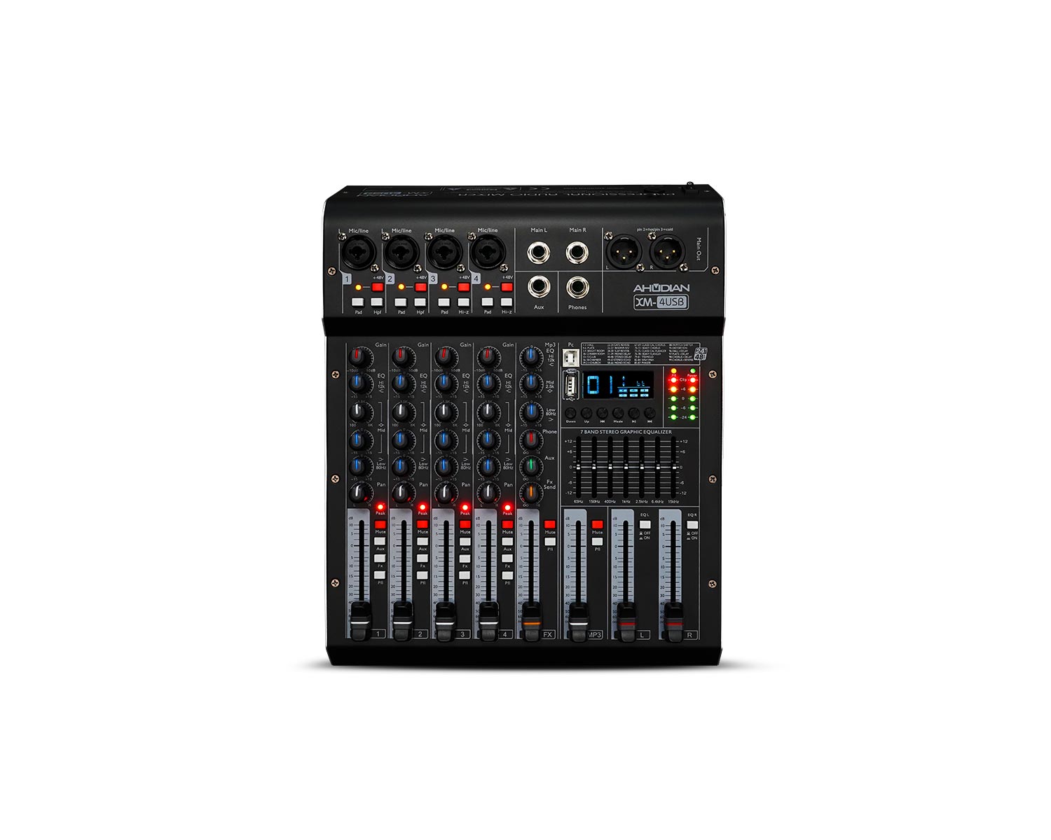 XM-4USB · Mezclador Stereo 4 canales, Reproductor, Efectos, Ecualizador, BT y conexión USB a PC.