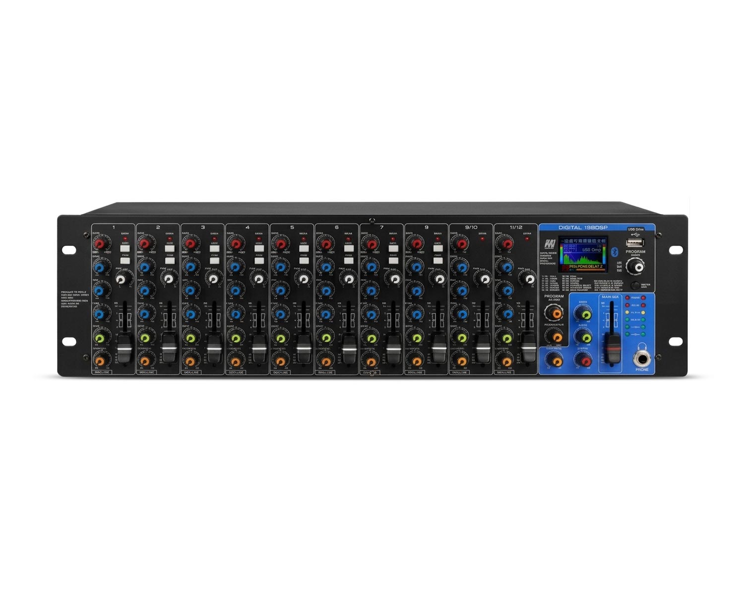 RM-12CH · Mezclador rack Stereo 12 canales - 8 micrófonos, Reproductor USB Bluetooth y Efectos.