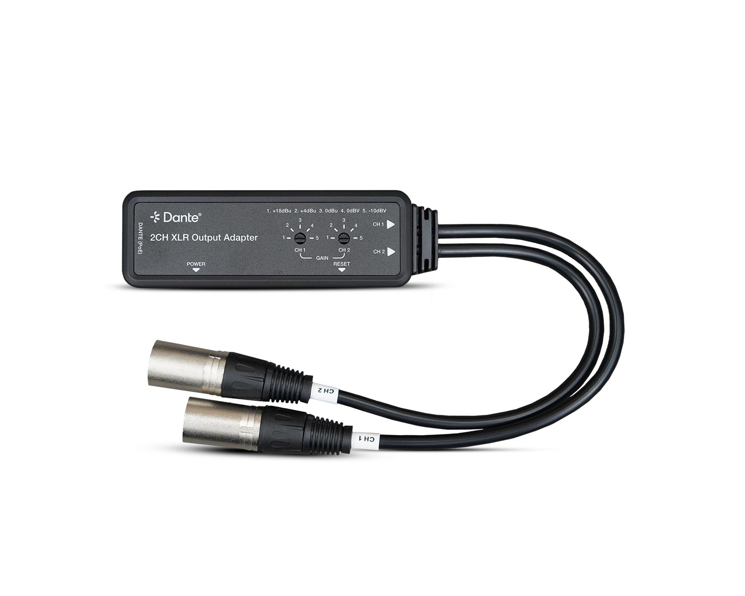 HA-2XOUT · Gateway Digital en RED IP/Poe DANTE 2 CH Salida de Audio. Conector XLR-3 Macho