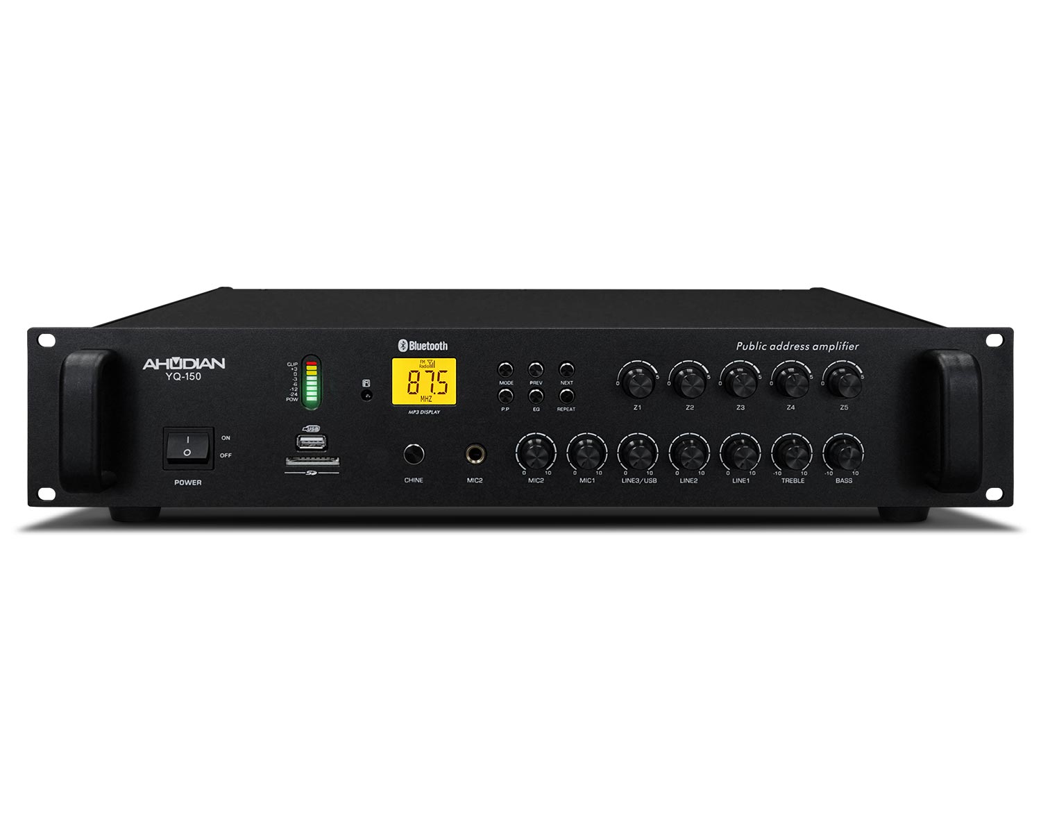 YQ-150 · Amplificador 6 salidas 5 zonas - Rep. USB/SD/FM y BT - Potencia 150Wrms/100V